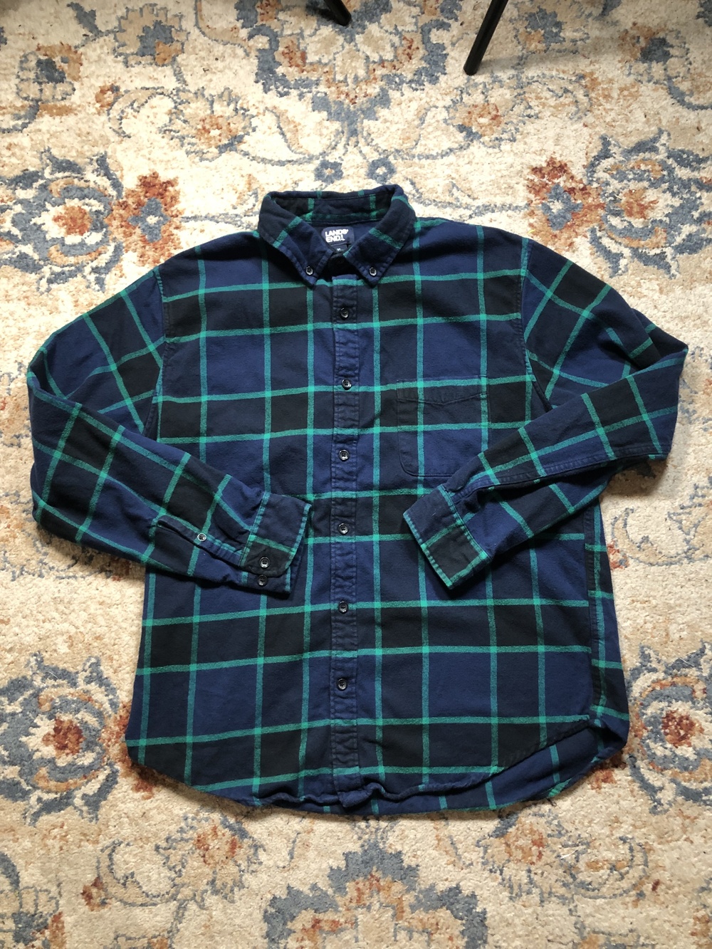 Lands End Flannel Shirt Mens XL Blue Green Black Watch Plaid Button Down Casual